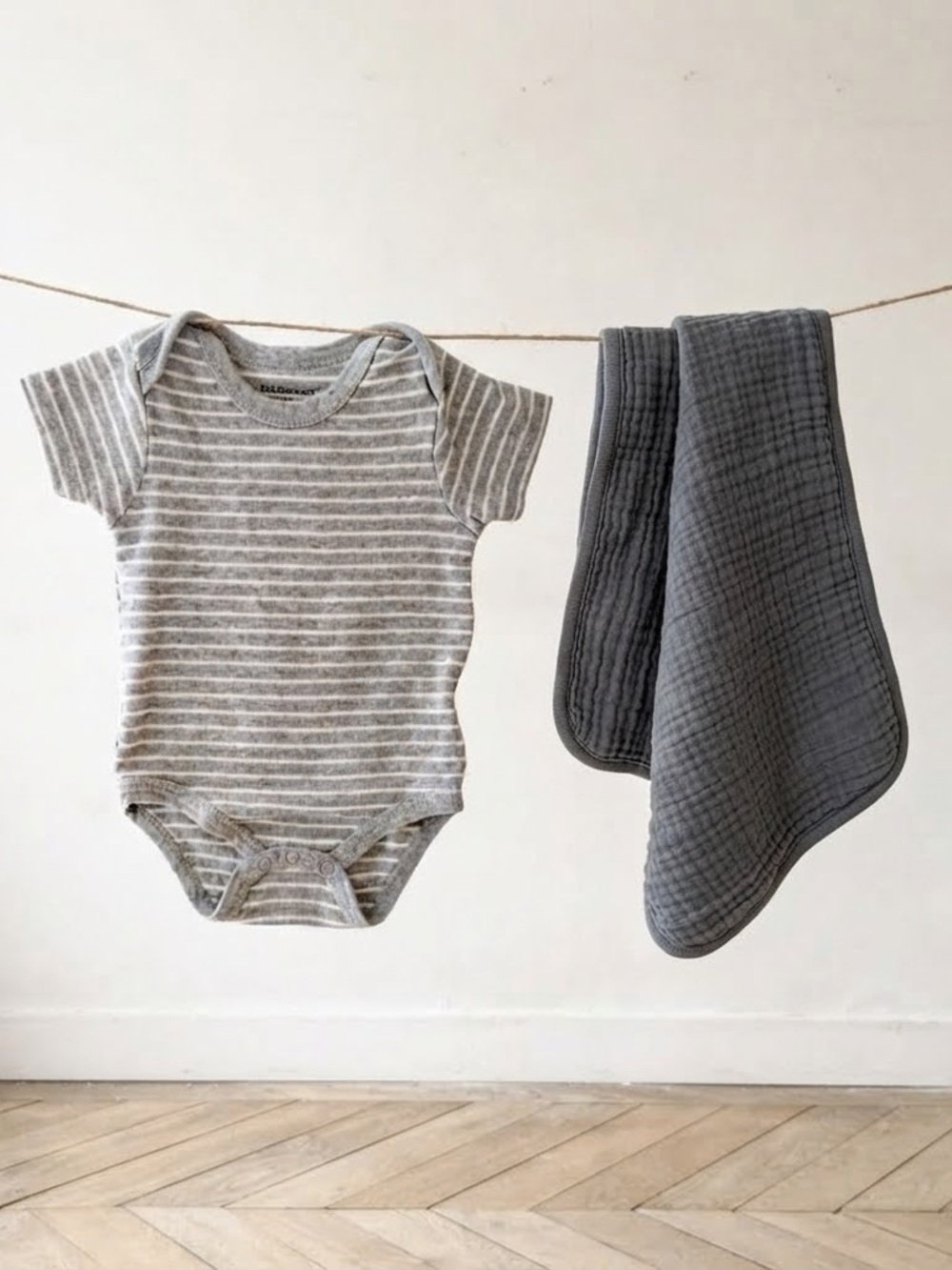 Kiddiezoom Grey White Stripe Bodysuit + Cloud Island Charcoal Gauze Burp Cloth